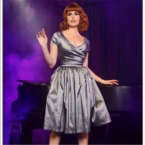 Pinup Couture Ava Party Swing Dress Silver Black - Small Medium
